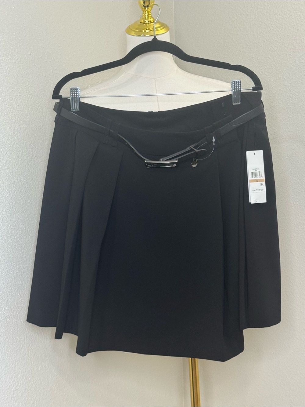 DKNY Women’s Black Pleated Belted A-Line Skirt Size 12 NWT UG5S7126 MSRP $109